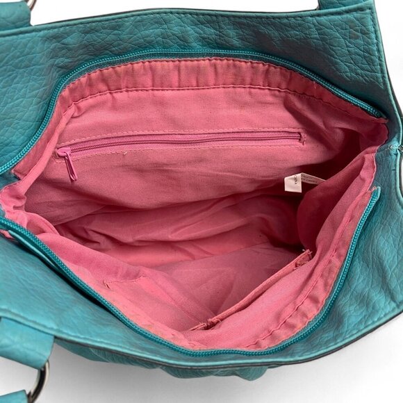 Strada Pleated Shoulder Bag Teal Blue Faux Leather Pink Lining 15"W x 12"H x 5"D - Picture 9 of 11